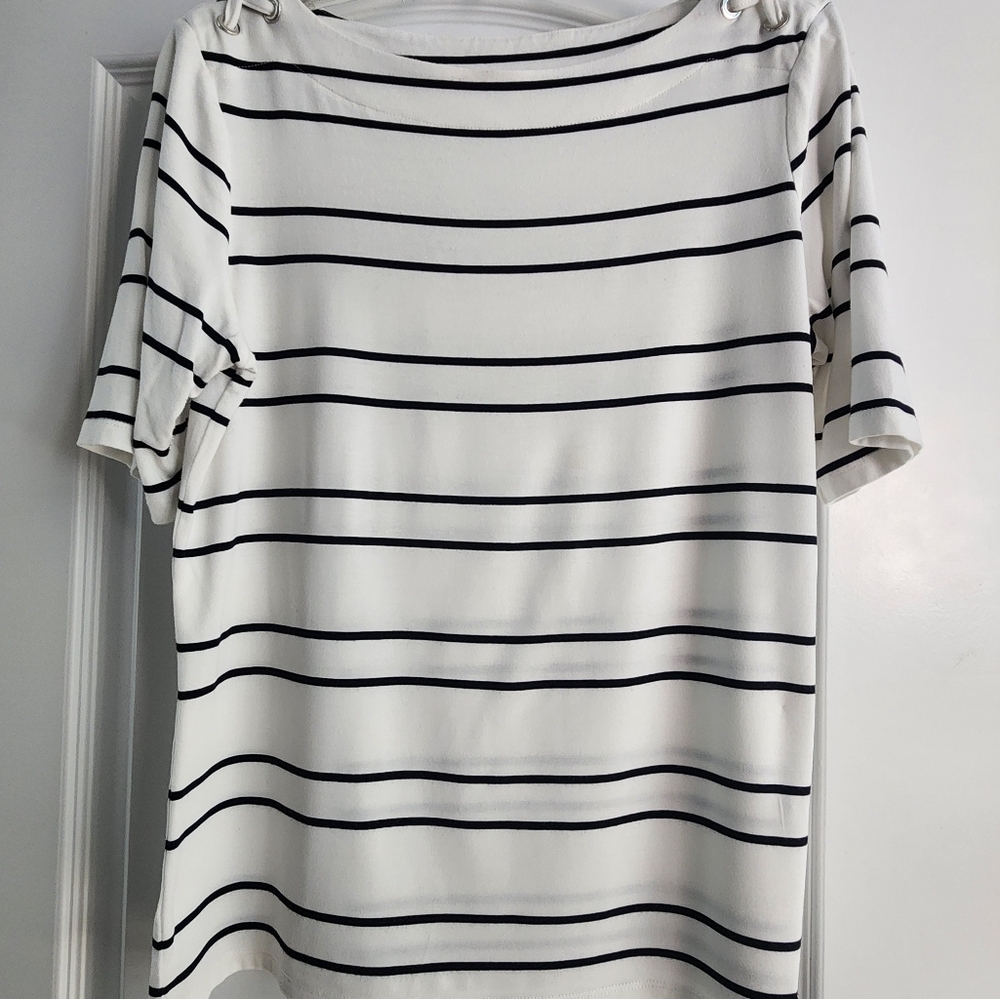 Calvin Klein Navy and Off-white Striped Boatneck Top, Size Small, Worn Once